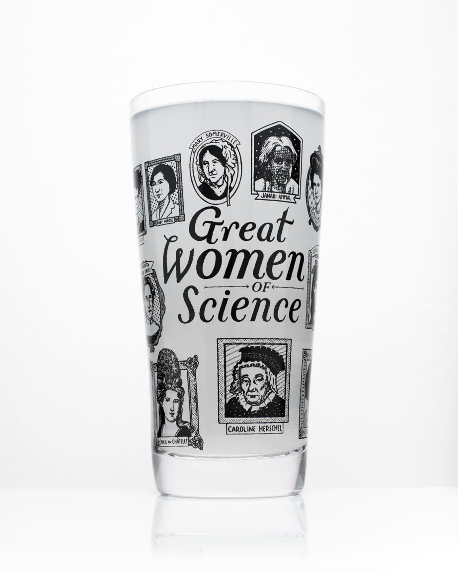 A Cognitive Surplus Great Women of Science Beer Glass (12 oz) with a picture on it.