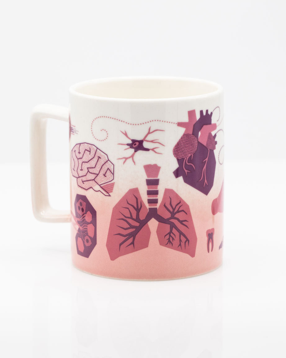 A Retro Anatomy 11 oz Ceramic Mug with illustrations of the human body by Cognitive Surplus.