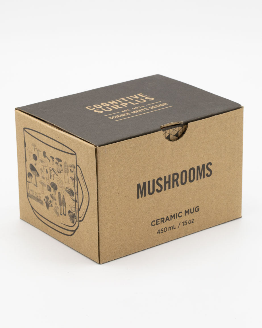 A Cognitive Surplus Woodland Mushrooms 15 oz Ceramic Mug with an image of a mushroom.
