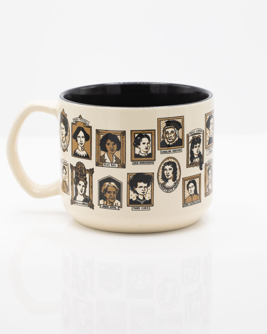 A Great Women of Science 15 oz Ceramic Mug with a variety of faces on it from the brand Cognitive Surplus.