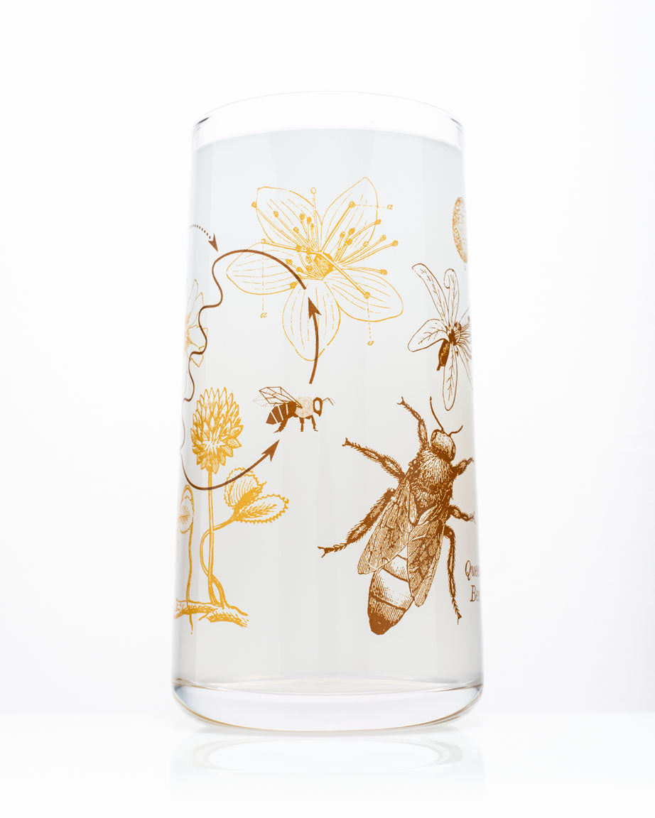 A Honey Bees Drinking Glass with bees and flowers on it, made by Cognitive Surplus.