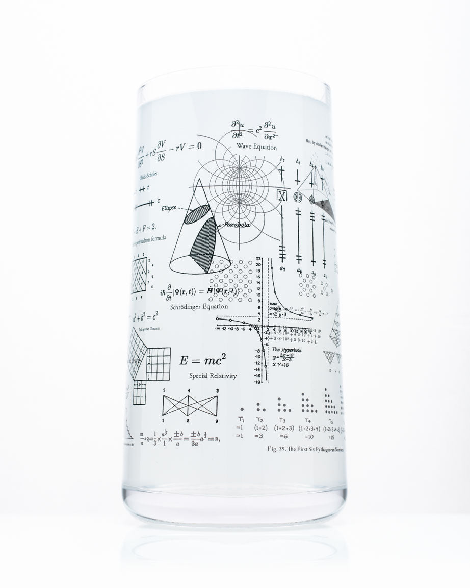 A Vintage Science Drinking Glassware Set of 7 by Cognitive Surplus with a mathematical formula on it.