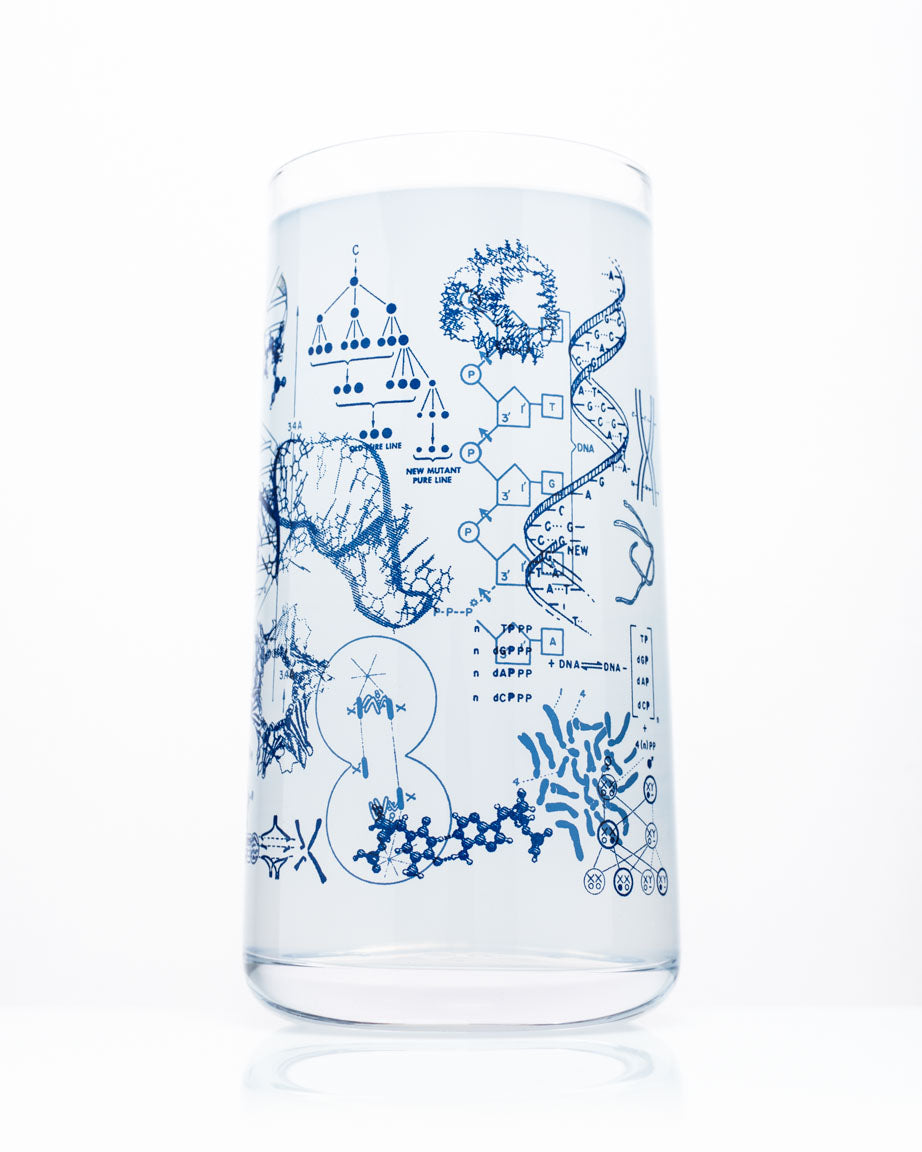 A Vintage Science Drinking Glassware Set of 7 with a blue and white design on it made by Cognitive Surplus.