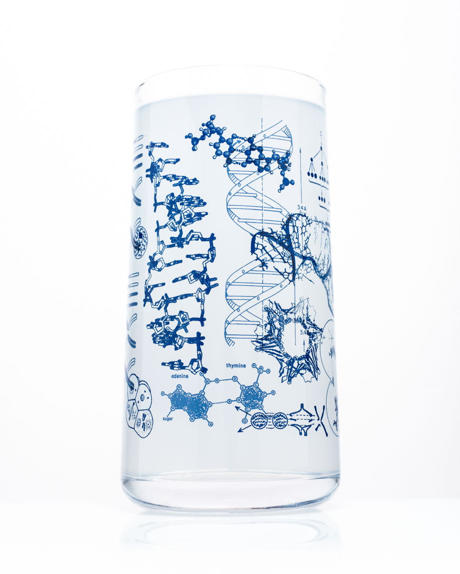 A Genetics & DNA Drinking Glass with a blue design on it by Cognitive Surplus.
