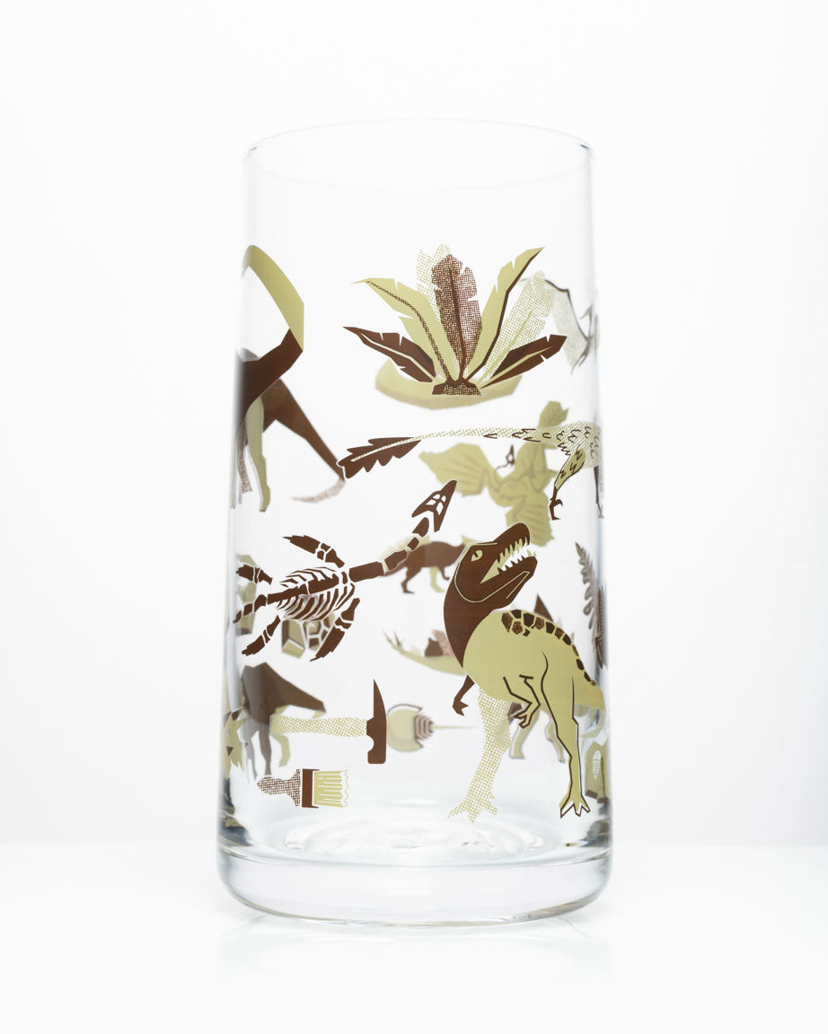 A Retro Paleontology Drinking Glass with dinosaurs on it from Cognitive Surplus.