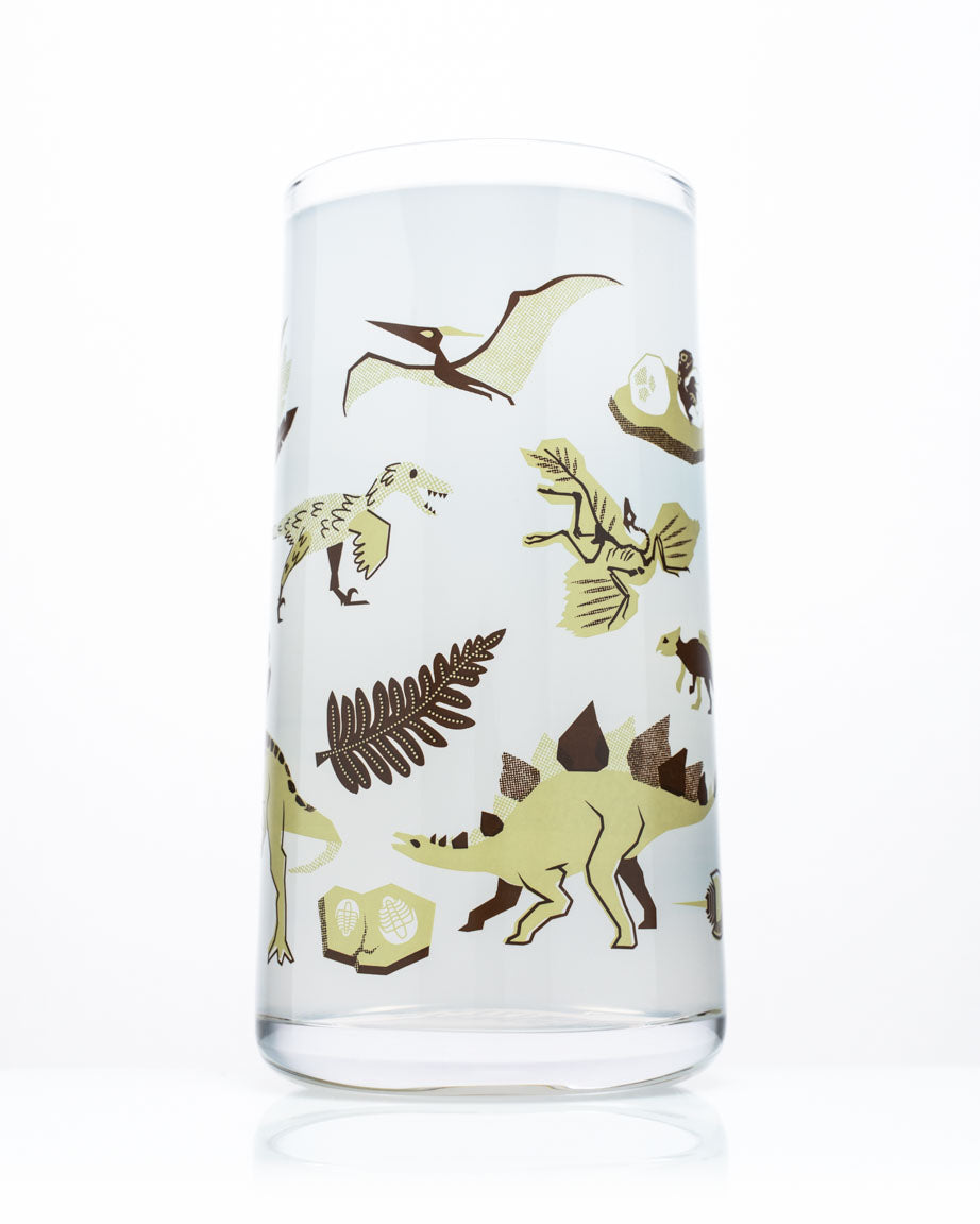 A Retro Paleontology Drinking Glass with a dinosaur design on it, by Cognitive Surplus.