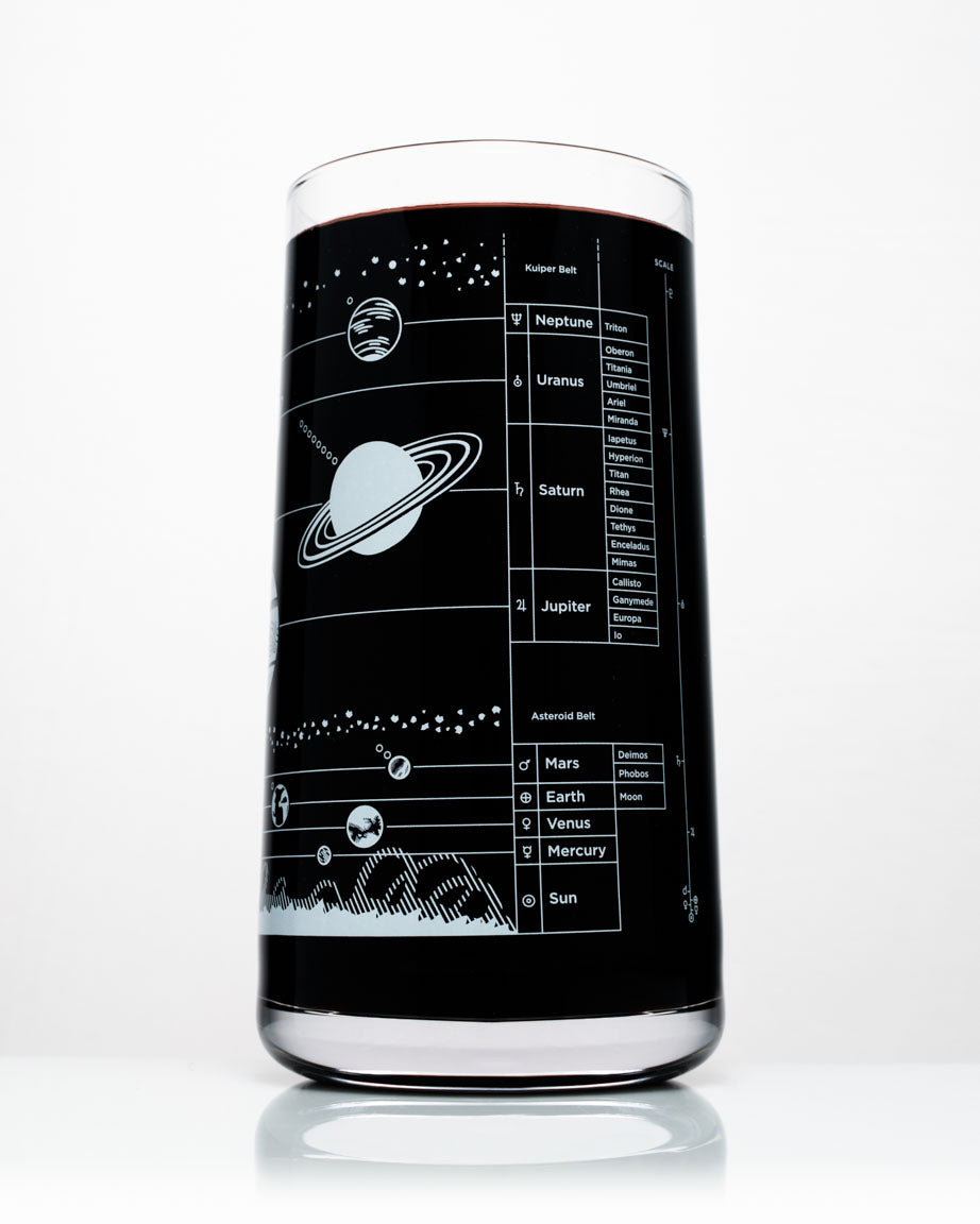 A Solar System Drinking Glass with a map of the solar system on it, made by Cognitive Surplus.