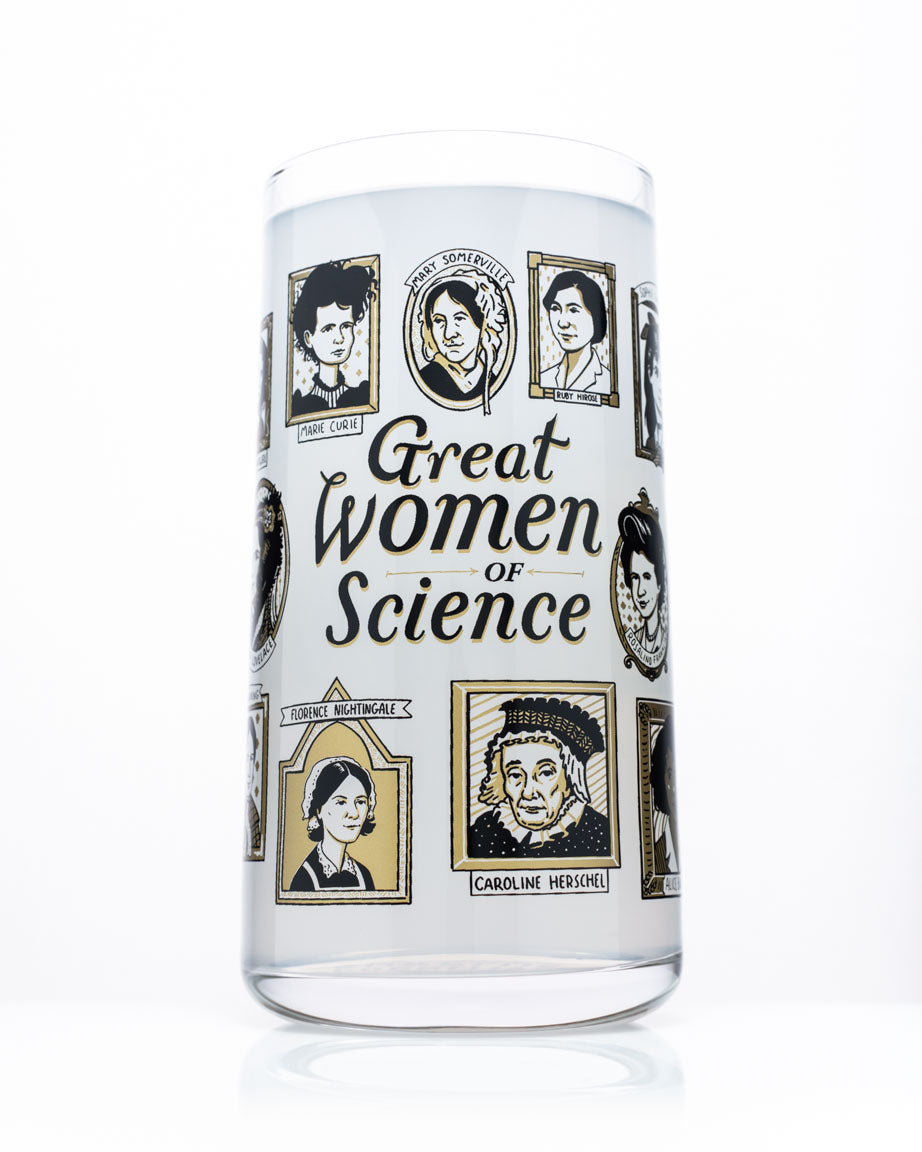 A Great Women of Science Drinking Glass by Cognitive Surplus with a picture on it.