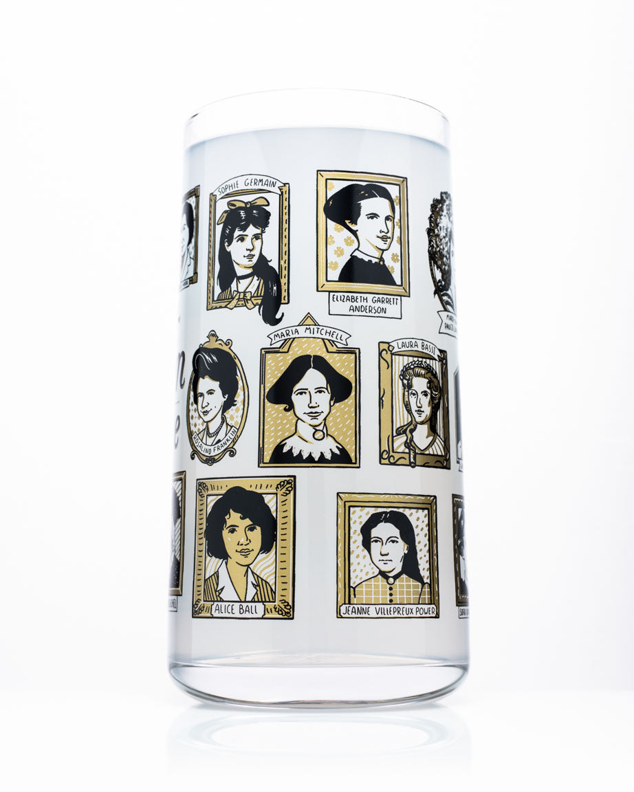 A Great Women of Science Drinking Glass with a variety of portraits on it by Cognitive Surplus.