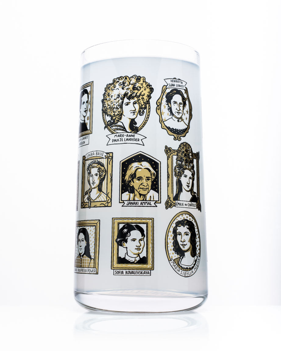 A Cognitive Surplus Great Women of Science Drinking Glass with a variety of portraits on it.