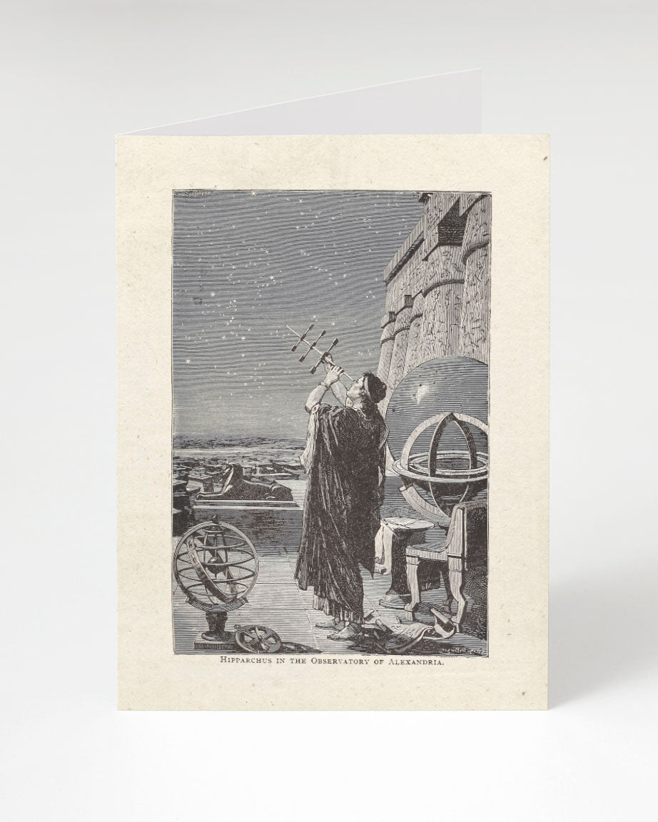 A black and white illustration of a man with a telescope from the Hipparchus in the Observatory Greeting Card by Cognitive Surplus.