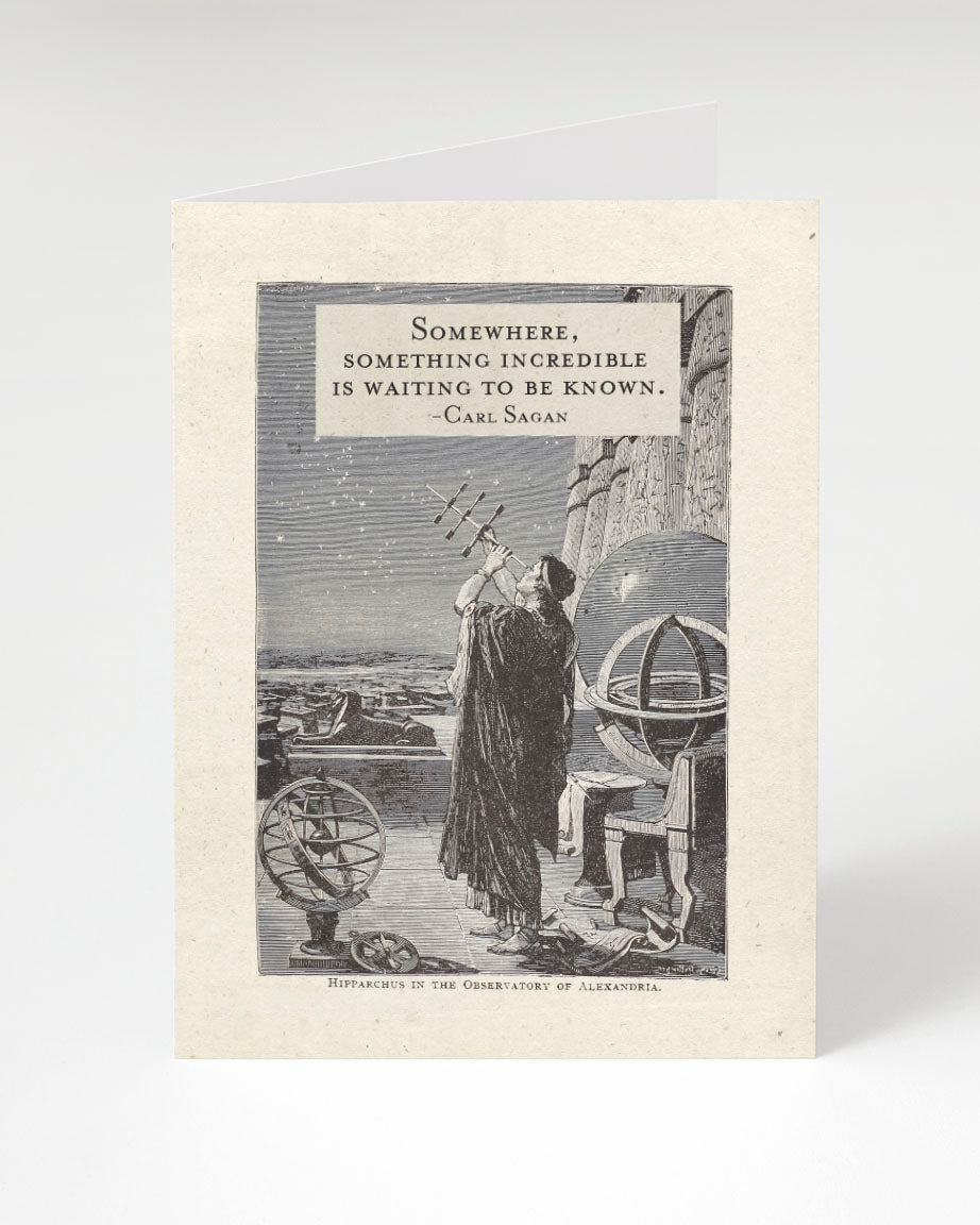 A Something Incredible Sagan Card with an image of a man holding a telescope by Cognitive Surplus.