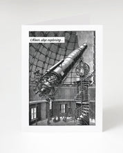 A Cognitive Surplus black and white Never Stop Exploring Greeting Card with an image of a telescope.