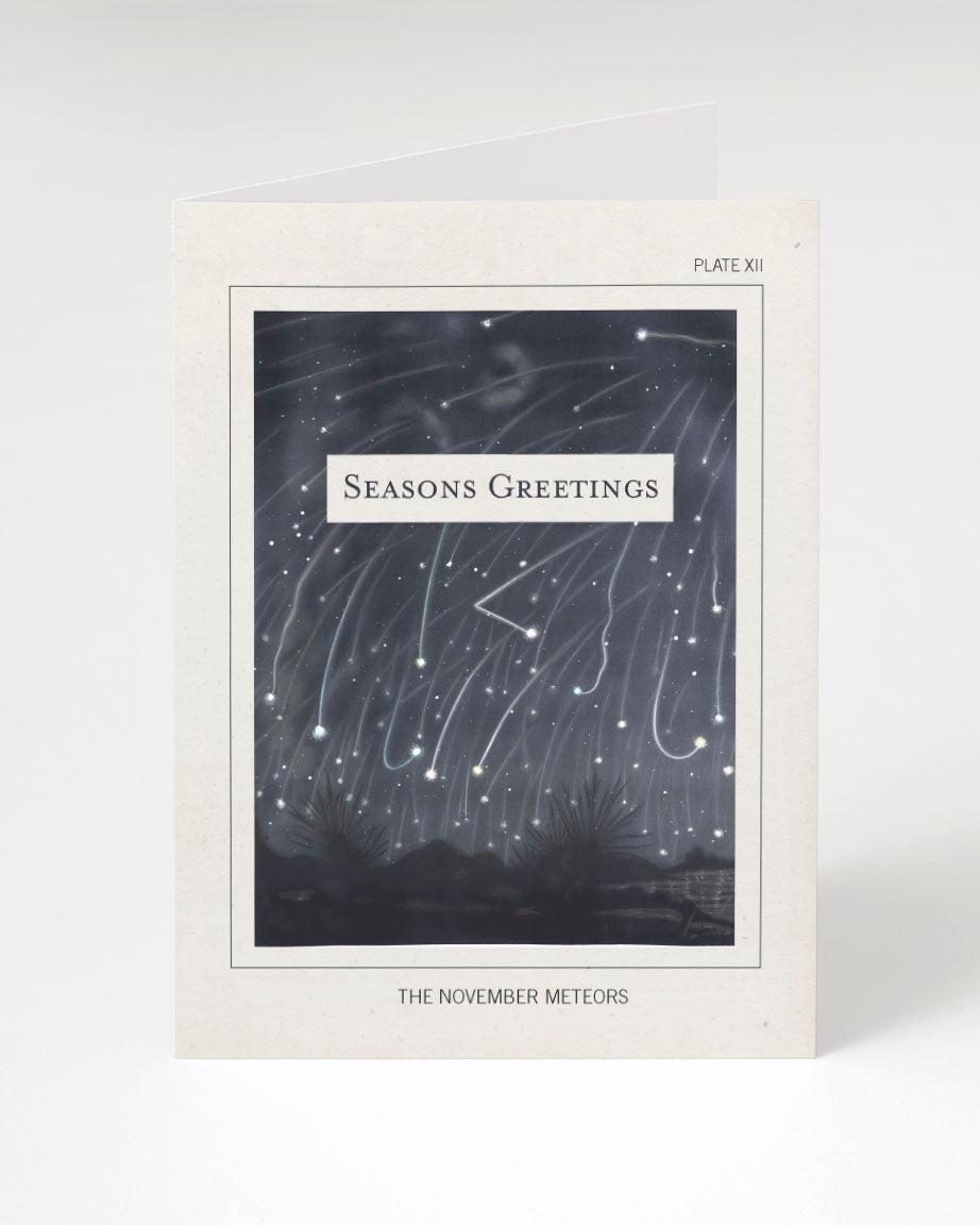 A Cognitive Surplus Astronomical Plate: November Meteors Seasons Greetings Card with a starry sky and the words seasons greetings.