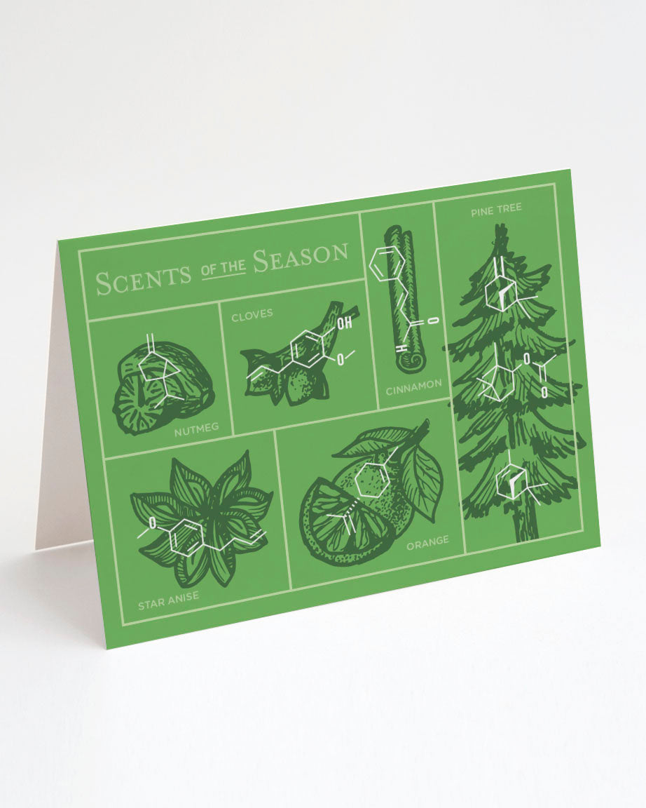A green card with illustrations of herbs and spices, called "The Scents of the Season Holiday Card" by Cognitive Surplus.