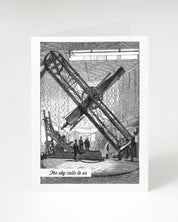 A black and white Cognitive Surplus greeting card with an image of a telescope, called The Sky Calls to Us Greeting Card.