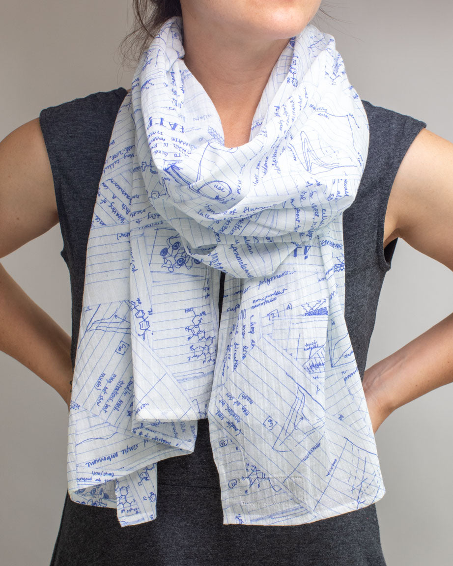 A woman wearing a Cognitive Surplus Lab Notes Scarf.