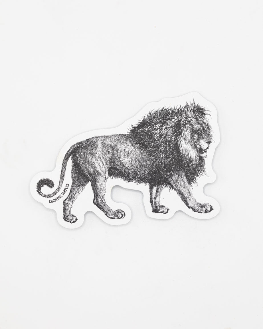 A black and white drawing of a Lion Sticker by Cognitive Surplus on a white surface.