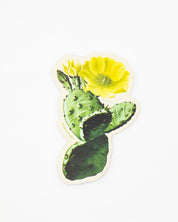 A Cognitive Surplus Prickly Pear Sticker with a cactus and a yellow flower.
