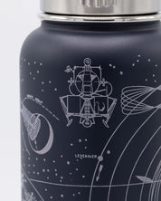 A black Astronomy 32 oz Steel Bottle with a space design on it. Brand Name: Cognitive Surplus.
