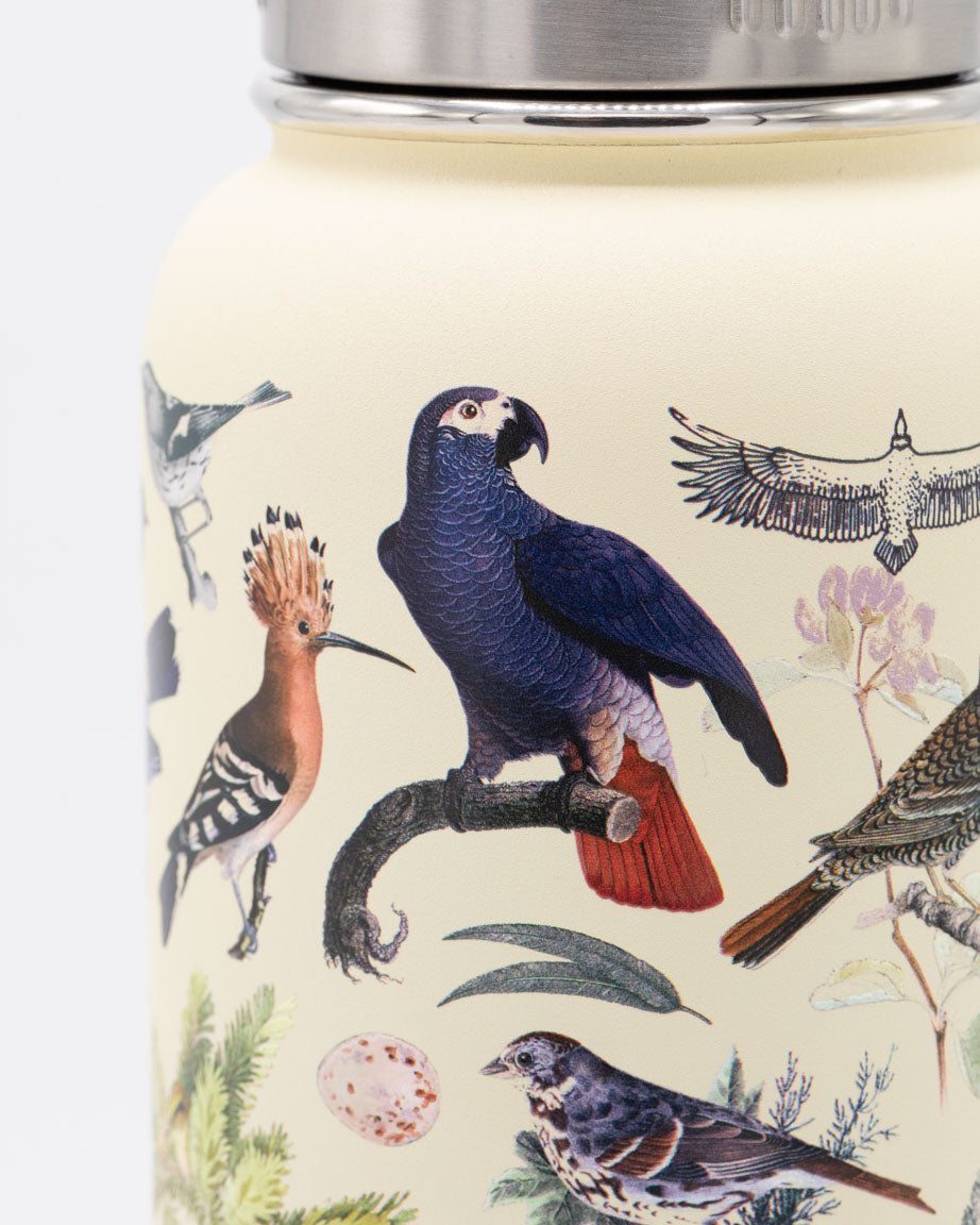 A Cognitive Surplus Birds 32 oz Steel Bottle with a variety of birds on it.