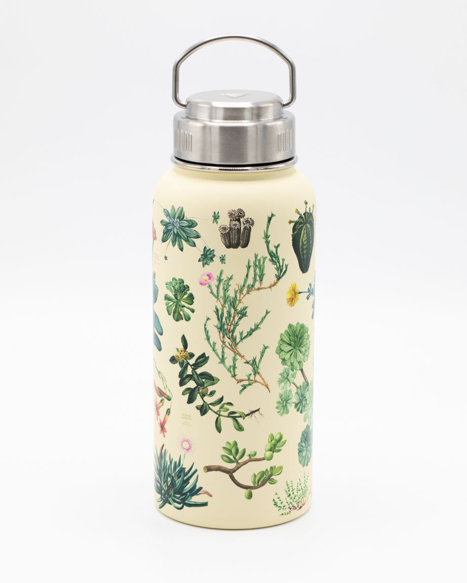 A Cognitive Surplus Succulents 32 oz Steel Bottle with plants and flowers on it.