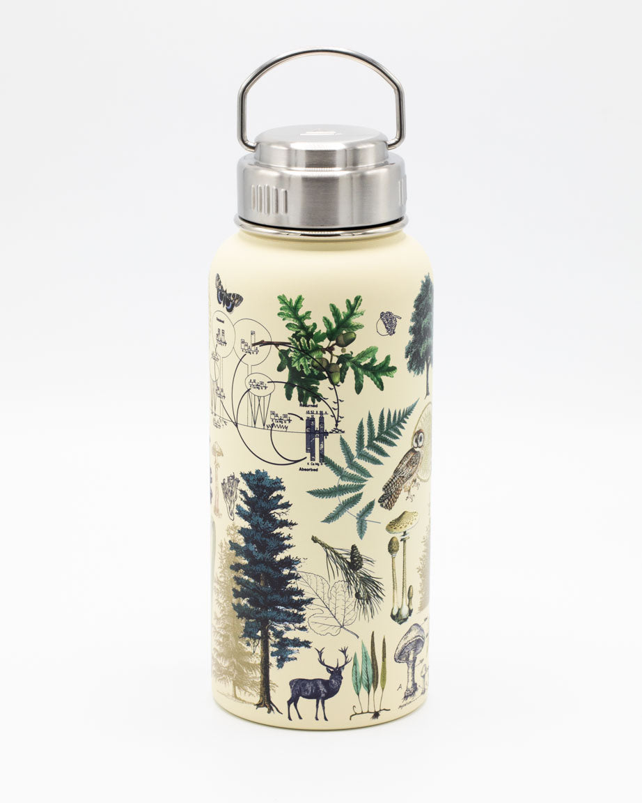 A Woodland Forest 32 oz Steel Bottle with a Cognitive Surplus design on it.