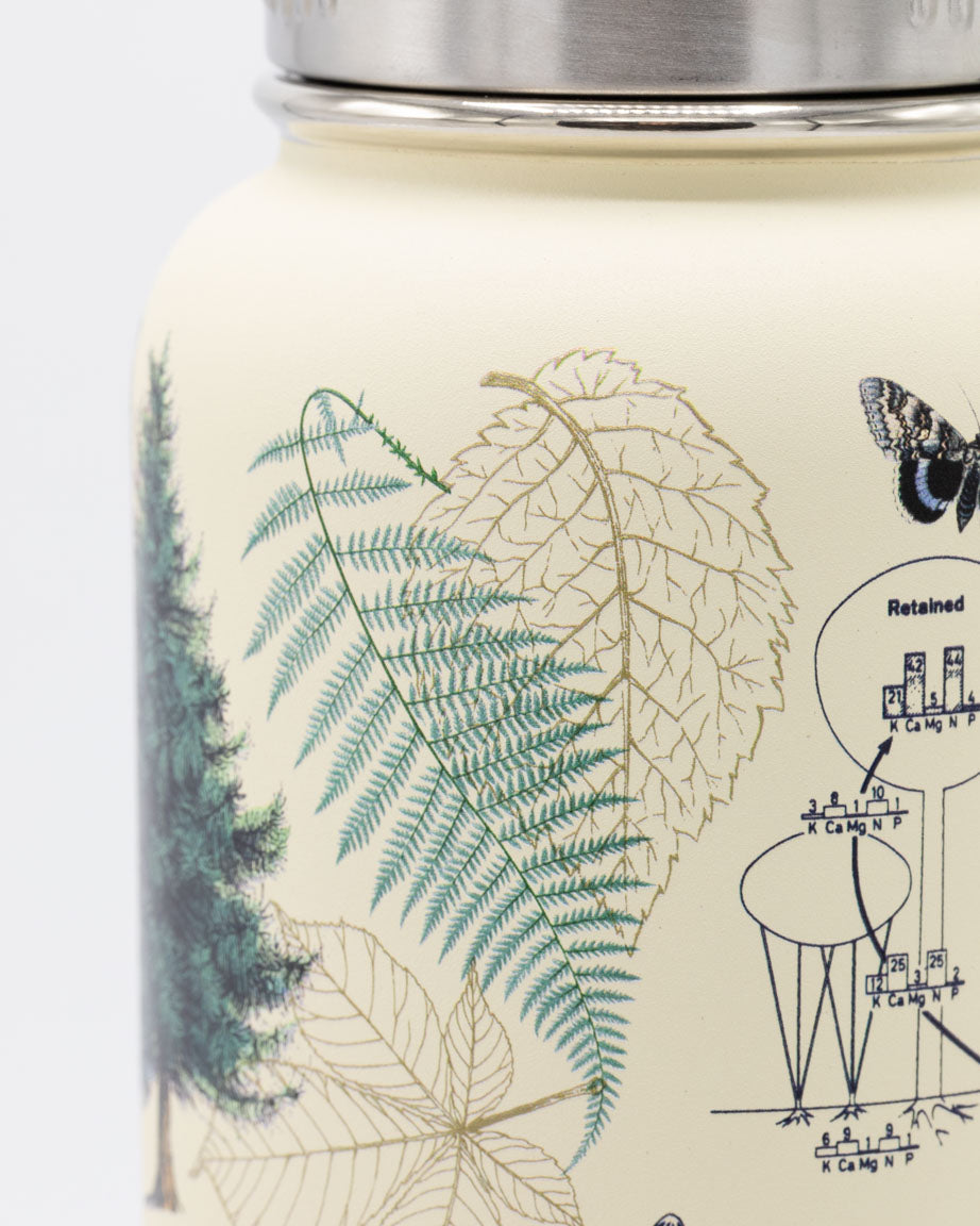 A Cognitive Surplus Woodland Forest 32 oz Steel Bottle with ferns and trees on it.