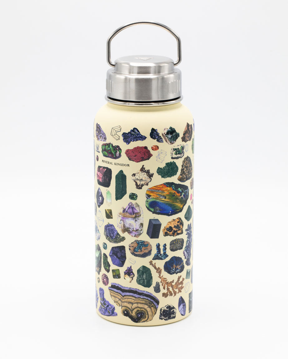 A Gems & Minerals 32 oz Steel Bottle by Cognitive Surplus with a colorful design on it.