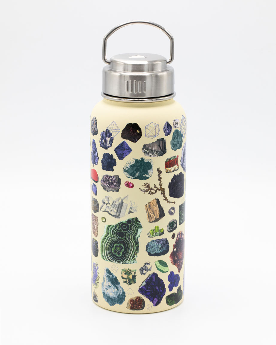 A Gems & Minerals 32 oz Steel Bottle with a variety of minerals on it. (Brand: Cognitive Surplus)