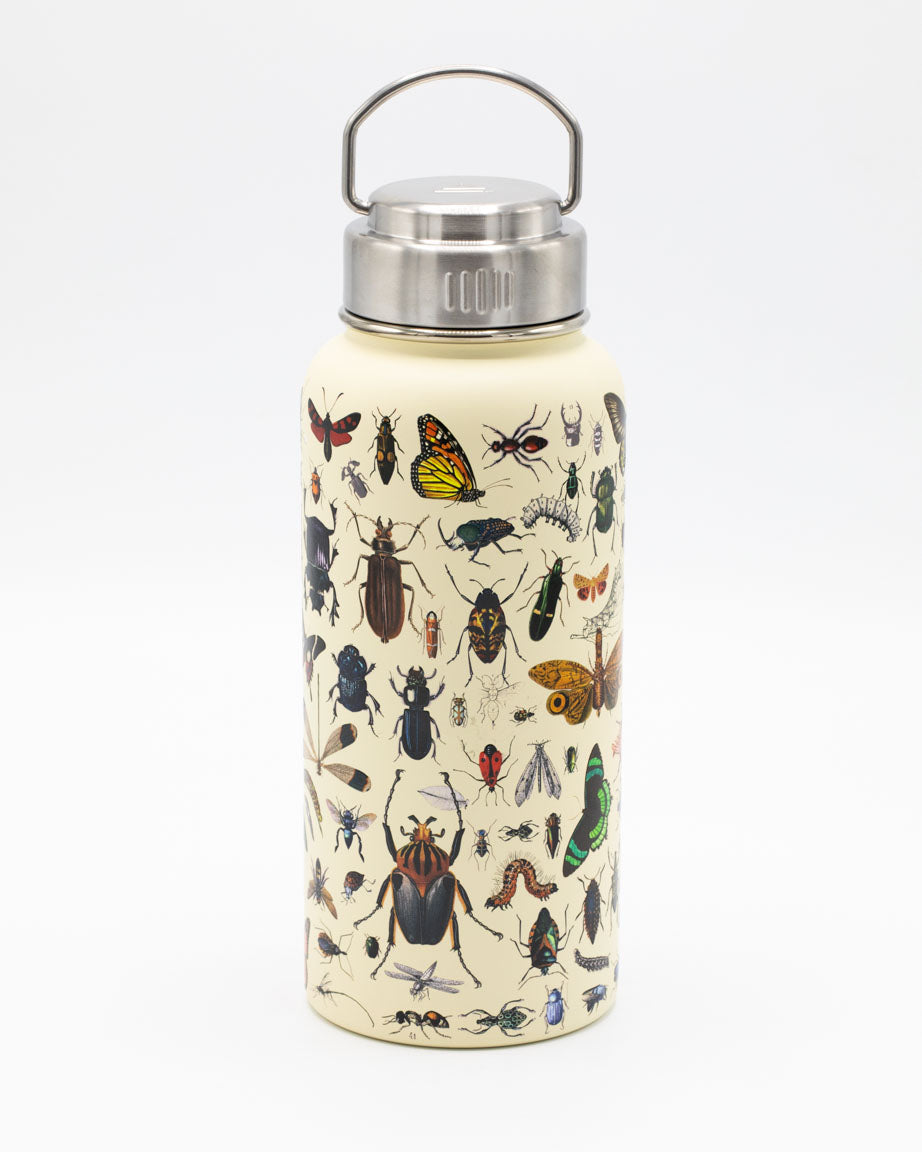 A Cognitive Surplus Insects 32 oz Steel Bottle with a variety of insects on it.
