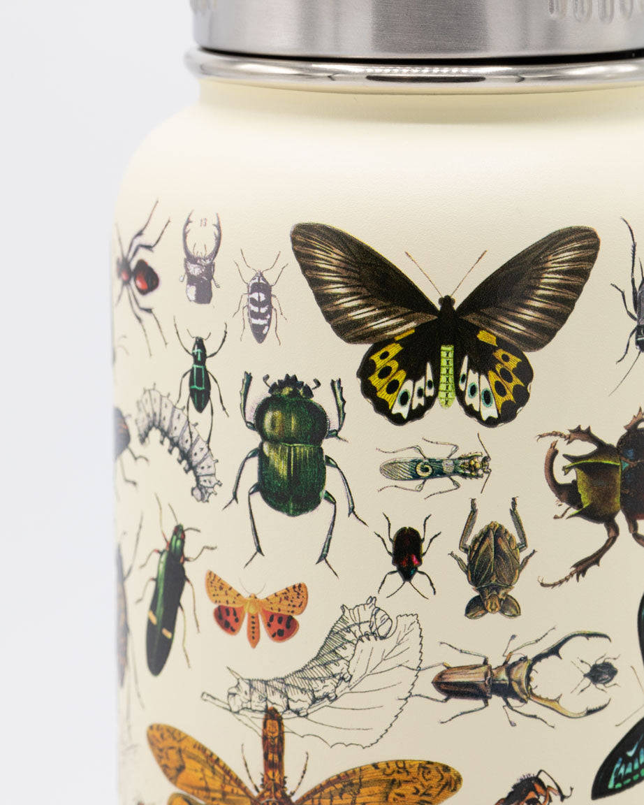 A Cognitive Surplus 32 oz Steel Bottle with a lot of insects on it.