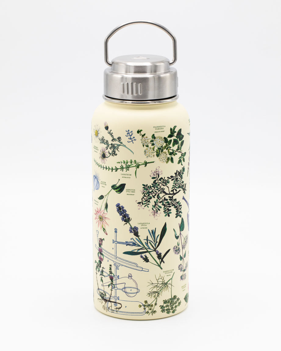 A Cognitive Surplus Botanical Pharmacy 32 oz Steel Bottle with a floral pattern on it.