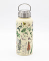 A Cognitive Surplus Botanical Pharmacy 32 oz Steel Bottle with an illustration of plants and flowers.