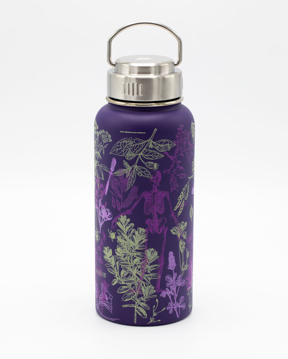 A Poisonous Plants 32 oz Steel Bottle by Cognitive Surplus with purple flowers on it.