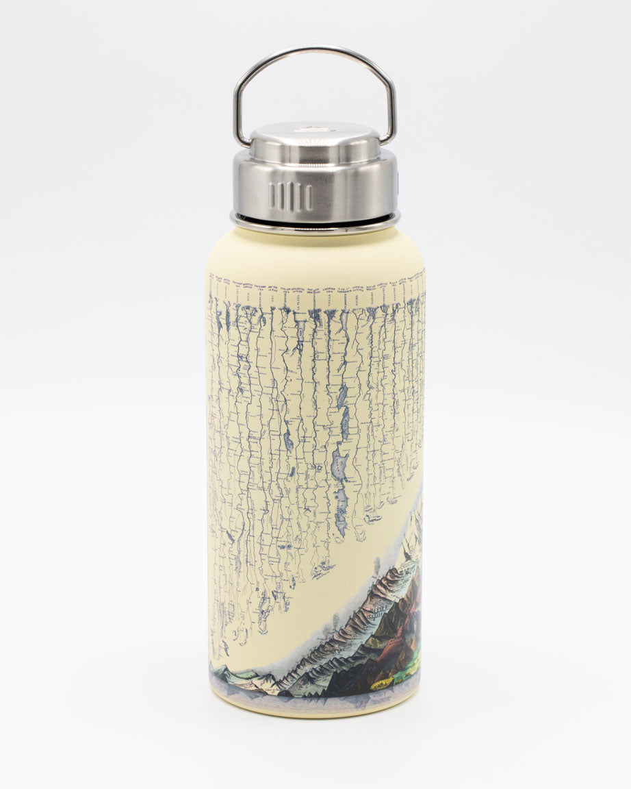 A Rivers & Mountains 32 oz Steel Bottle with an image of a mountain.