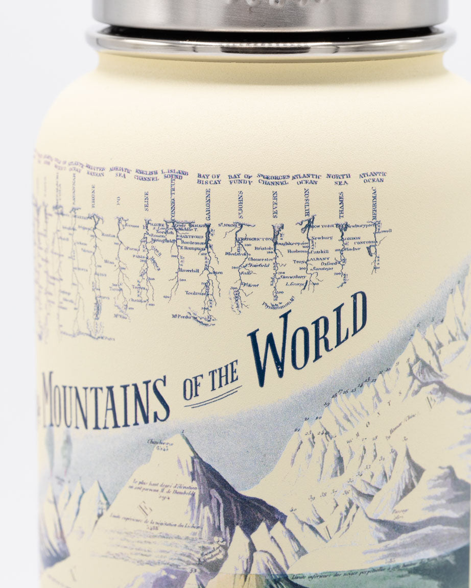 A Rivers & Mountains 32 oz Steel Bottle with mountains of the world on it by Cognitive Surplus.
