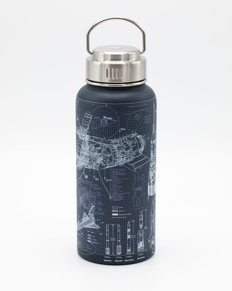 A Rocket Science 32 oz Steel Bottle with a blueprint design on it by Cognitive Surplus.
