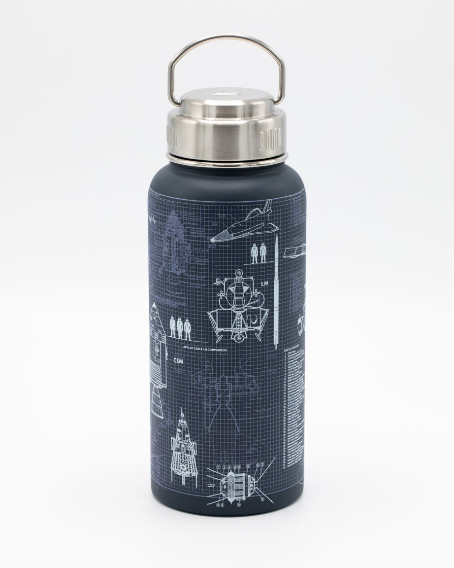 A Rocket Science 32 oz Steel Bottle with blueprints on it by Cognitive Surplus.