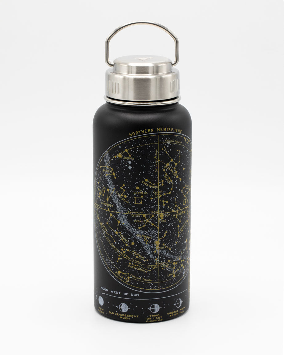 A black Star Chart 32 oz Steel Bottle with a star map on it by Cognitive Surplus.