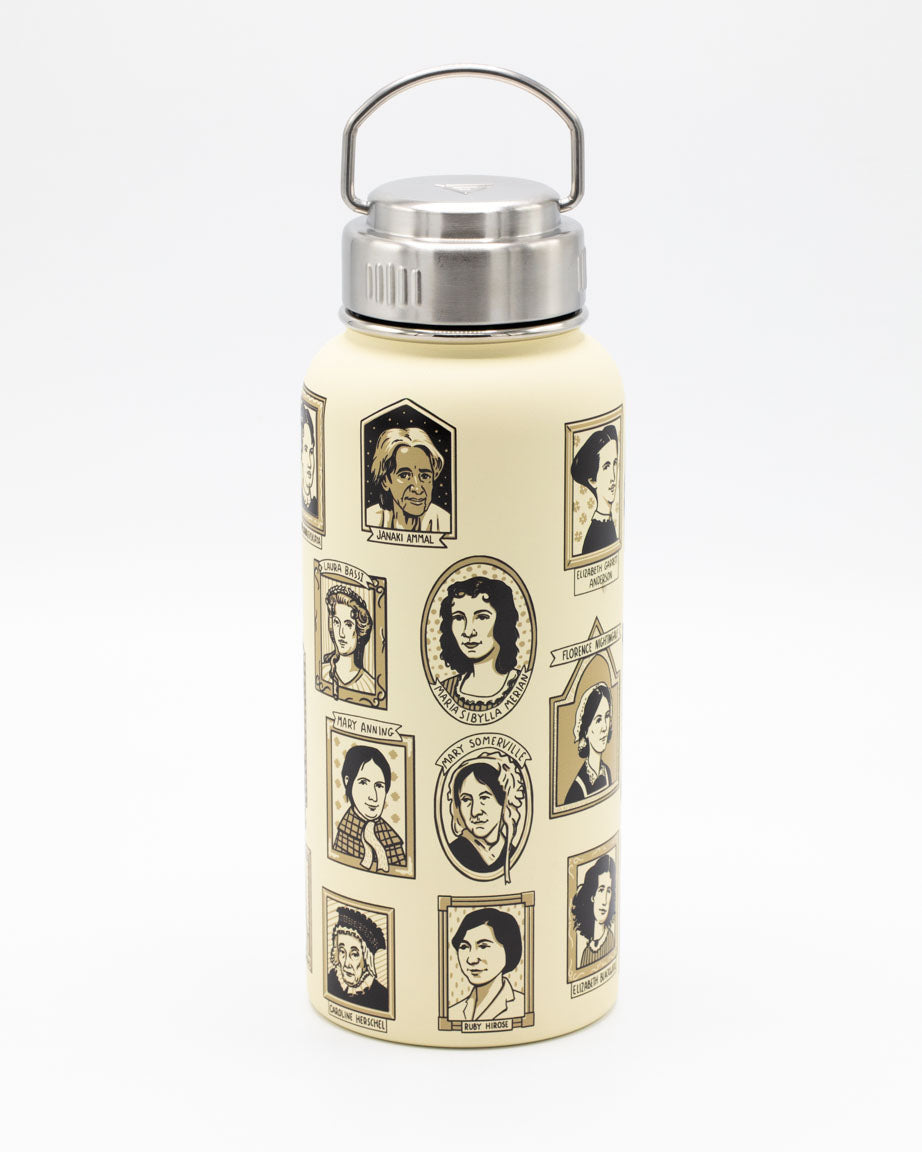 A Cognitive Surplus Women of Science 32 oz Steel Bottle with images of women.