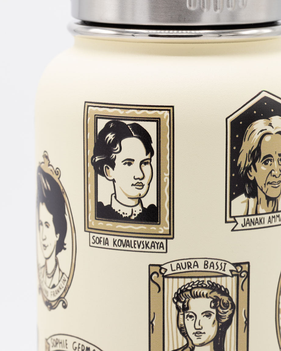 A Cognitive Surplus Women of Science 32 oz Steel Bottle with a woman's face on it.
