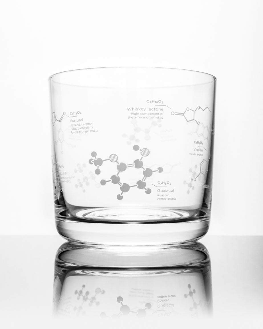 A Chemistry of Whiskey Glass with a molecule design on it by Cognitive Surplus.