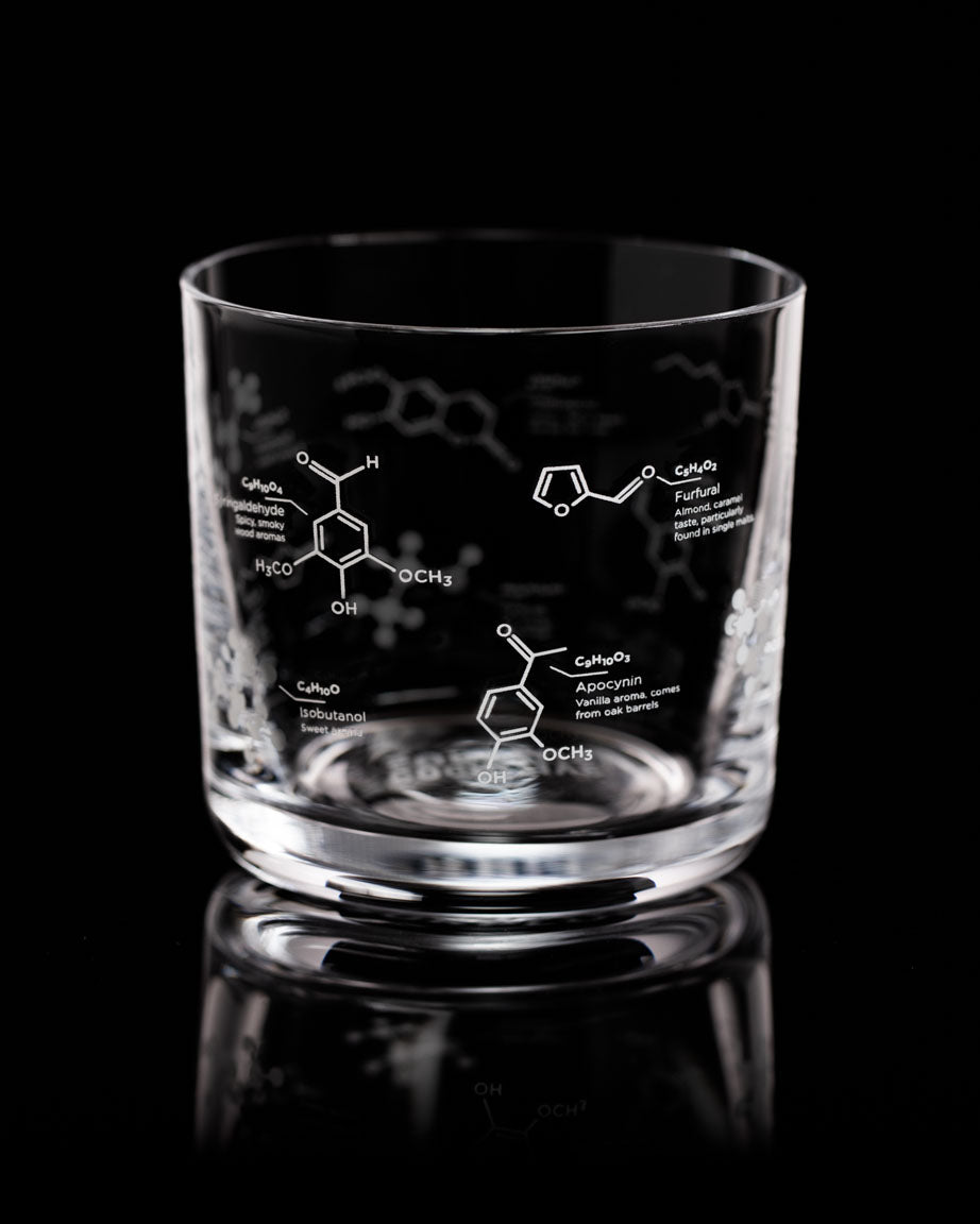A Chemistry of Whiskey Glass with a chemical formula on it, produced by Cognitive Surplus