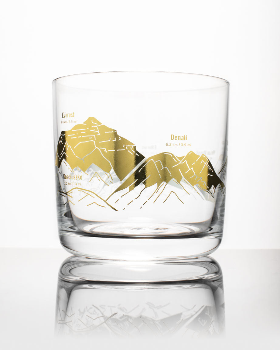 A Mountain Peaks of the World Whiskey Glass with Cognitive Surplus brand on it.