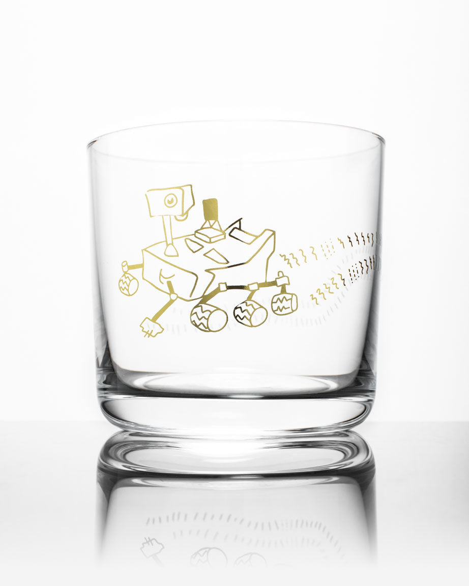 A glass with an image of the SECONDS: Mars Rover Perseverance on it. (Brand: Cognitive Surplus)