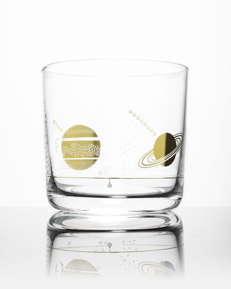 A SECONDS: Solar System Whiskey Glass with the planets on it, made by Cognitive Surplus.