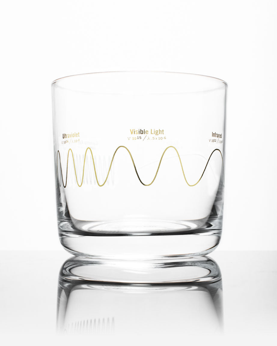 A Electromagnetic Spectrum Whiskey Glass with a wave pattern on it. (Brand: Cognitive Surplus)