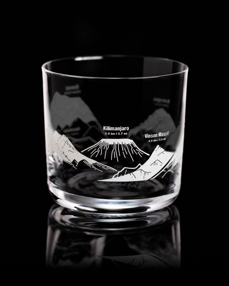 A SECONDS: Mountain Peaks of the World Whiskey Glass with mountains engraved on it by Cognitive Surplus.