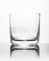 A Cognitive Surplus Electromagnetic Spectrum Whiskey Glass with a wave pattern on it.
